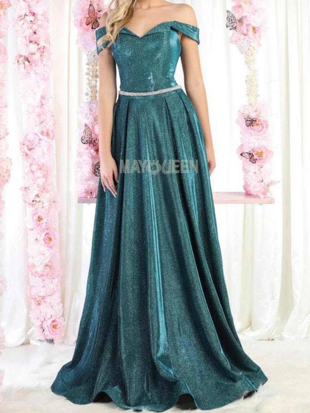 NWT May Queen MQ1876 Glitter Metallic Prom Dress Hunter Green size 16
